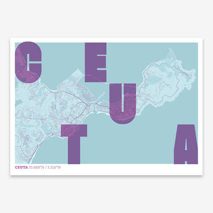 The map of Ceuta with letters of its name placed randomly, designed in purple and light blue