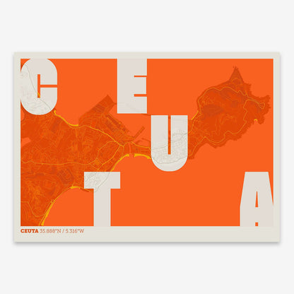 The map of Ceuta with letters of its name placed randomly, designed in orange and an off-white background