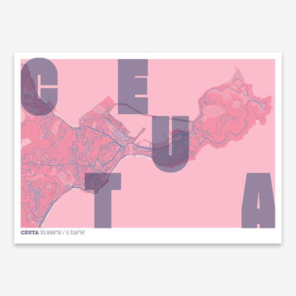 The map of Ceuta with letters of its name placed randomly, designed in violet y pink background