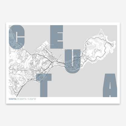 The map of Ceuta with letters of its name placed randomly, designed in black and white