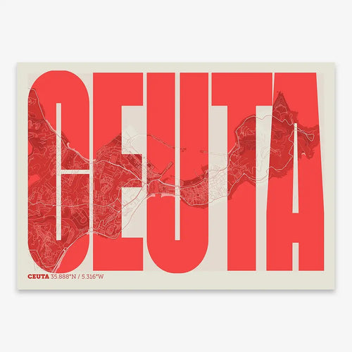Mapa de Ceuta en el diseño la Extra Comprimida, donde las letras se ajustan al ancho del mapa de la ciudad diseñado en rojo y fondo blanco roto
