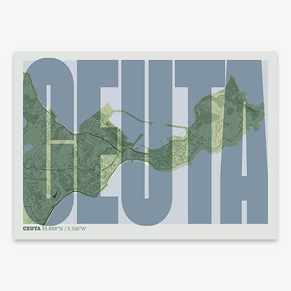 Decorative map of  and letters of its name in a giclée print designed in two green tones
