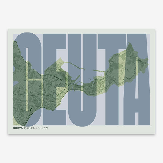 The map of Ceuta and letters of its name in a giclée print designed in two green tones