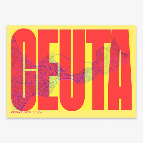 Mapa de Ceuta en el diseño la Extra Comprimida, donde las letras se ajustan al ancho del mapa de la ciudad diseñado en amarillo y fucsia