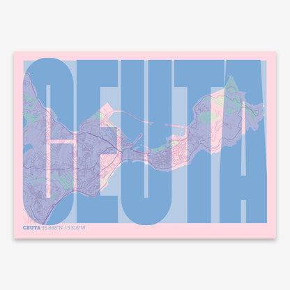 The map of Ceuta and letters of its name in a giclée print designed in pink and light blue