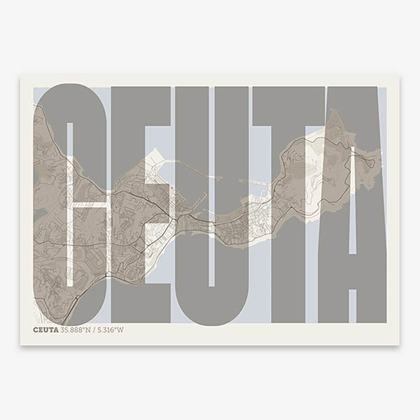 Decorative map of  and letters of its name in a giclée print designed in light brown and an off-white background