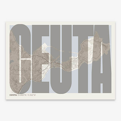 Decorative map of  and letters of its name in a giclée print designed in light brown and an off-white background