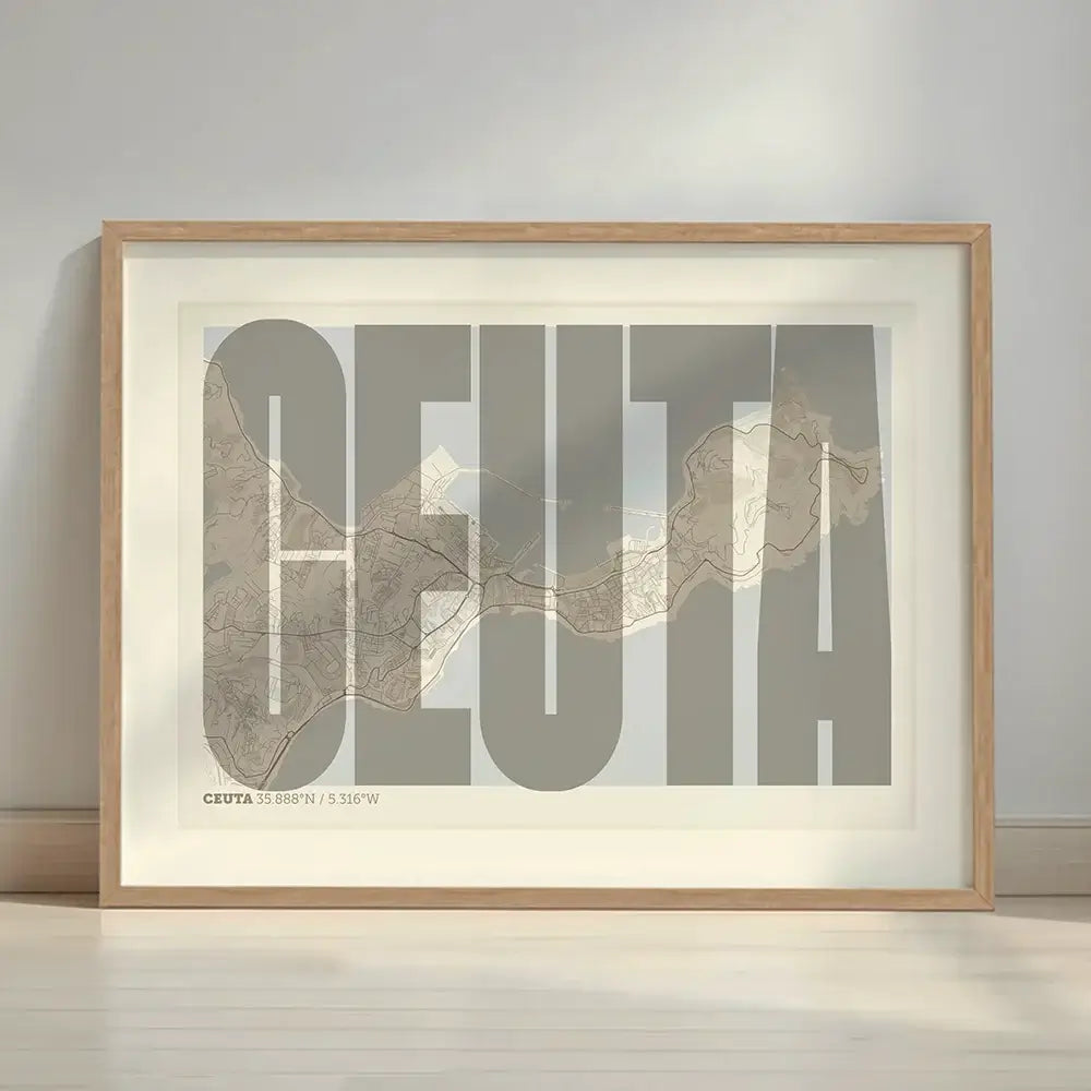 Framed Ceuta in Extra Compressed design, where the letters are tightly squeezed to fit the city's map shape designed in light brown and an off-white background with a white margin border in a warm lit minimalist setting
