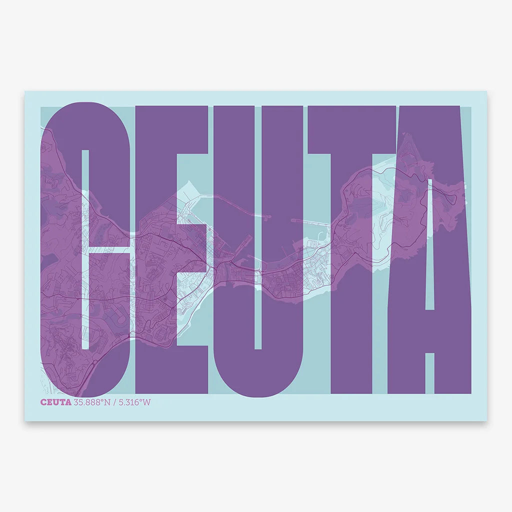 Decorative map of  and letters of its name in a giclée print designed in purple and light blue