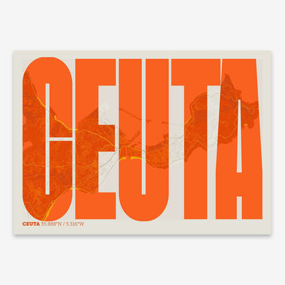 The map of Ceuta and letters of its name in a giclée print designed in orange and an off-white background