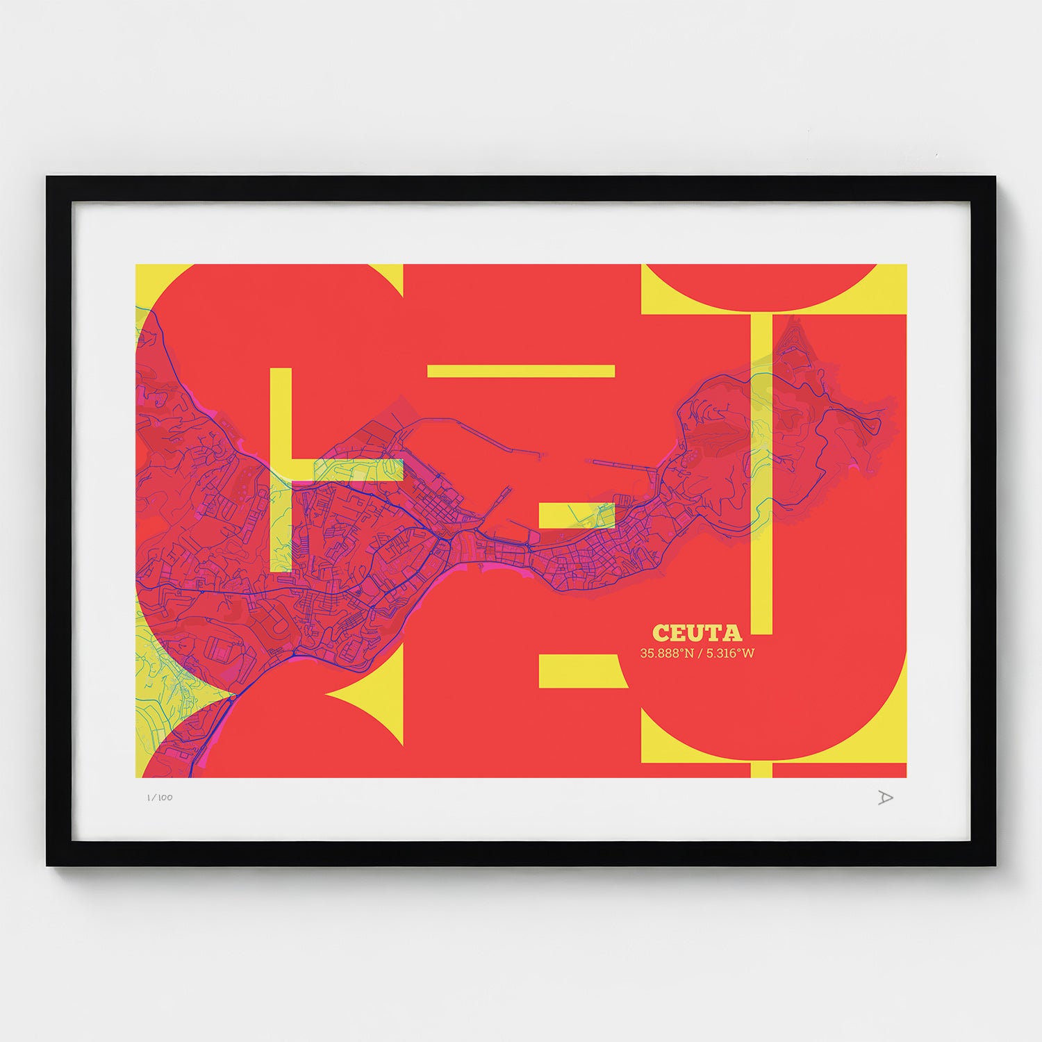 Lámina tipográfica de Ceuta – diseño Inseparable, marco negro