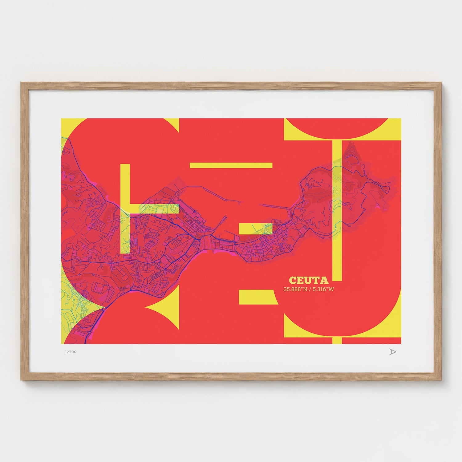 Lámina tipográfica de Ceuta – diseño Inseparable, marco de madera natural