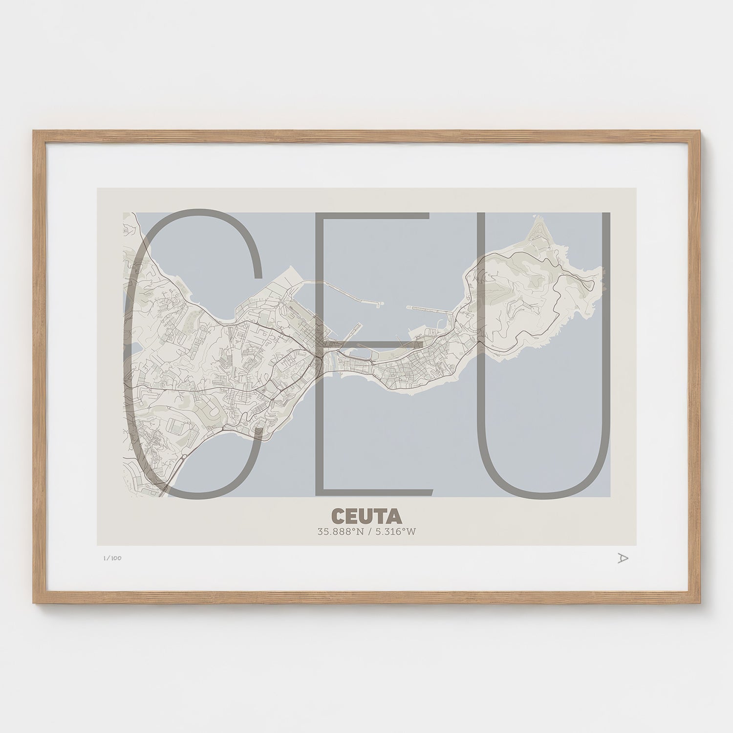 Lámina tipográfica de Ceuta – diseño Ultrafina, marco de madera natural