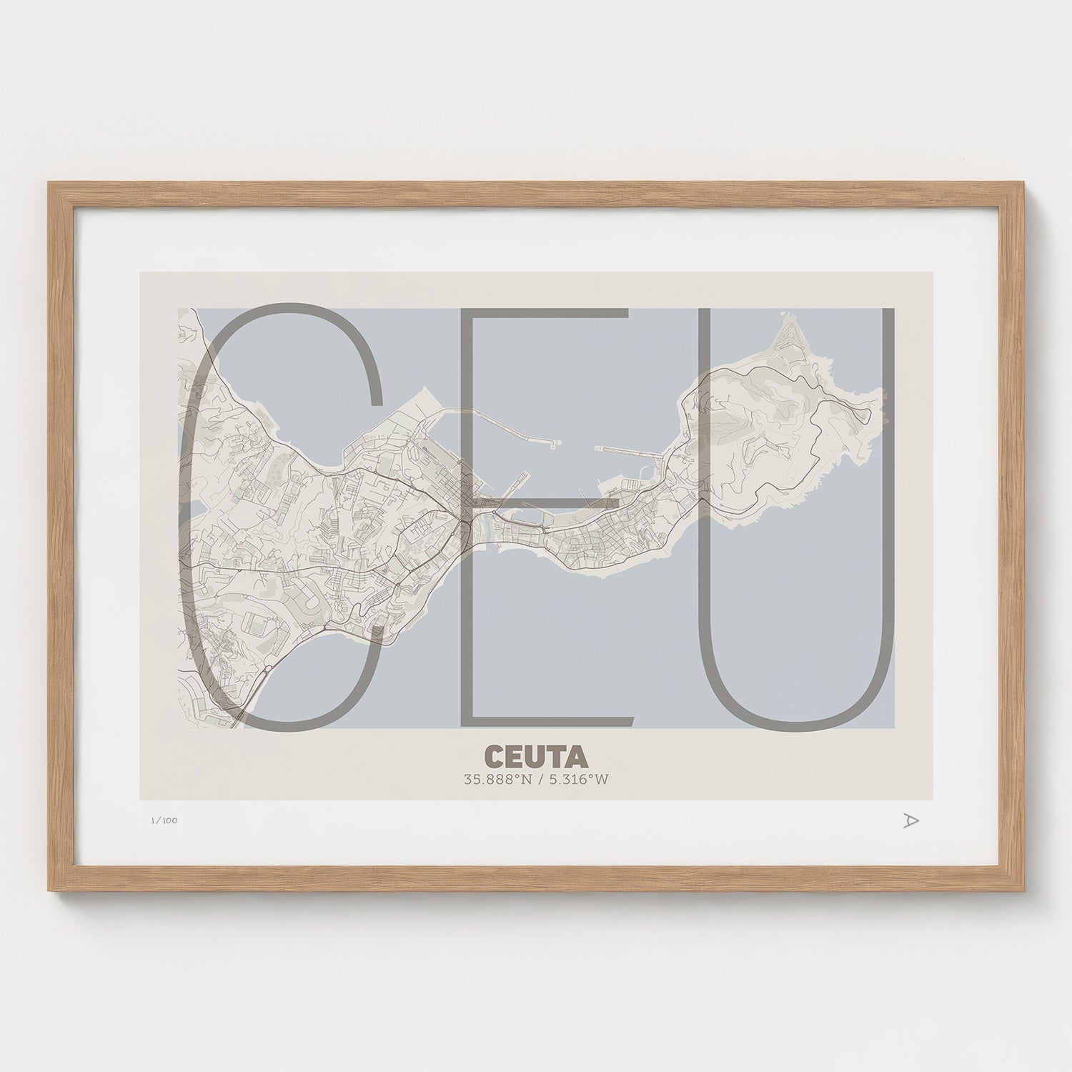 Lámina tipográfica de Ceuta – diseño Ultrafina, marco de madera natural