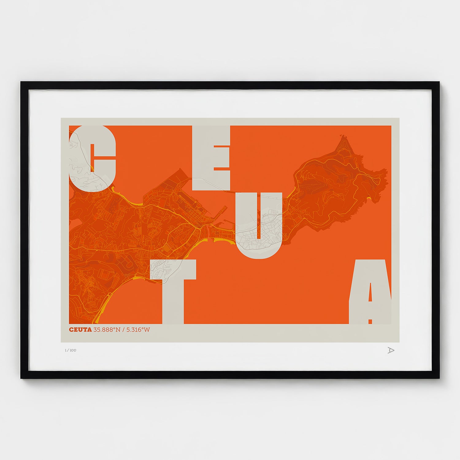 Lámina tipográfica de Ceuta – diseño Revoltosa, marco negro