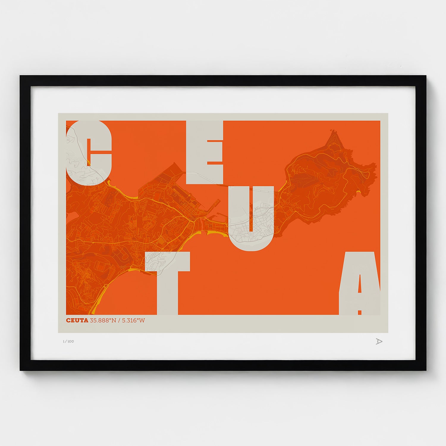 Lámina tipográfica de Ceuta – diseño Revoltosa, marco negro