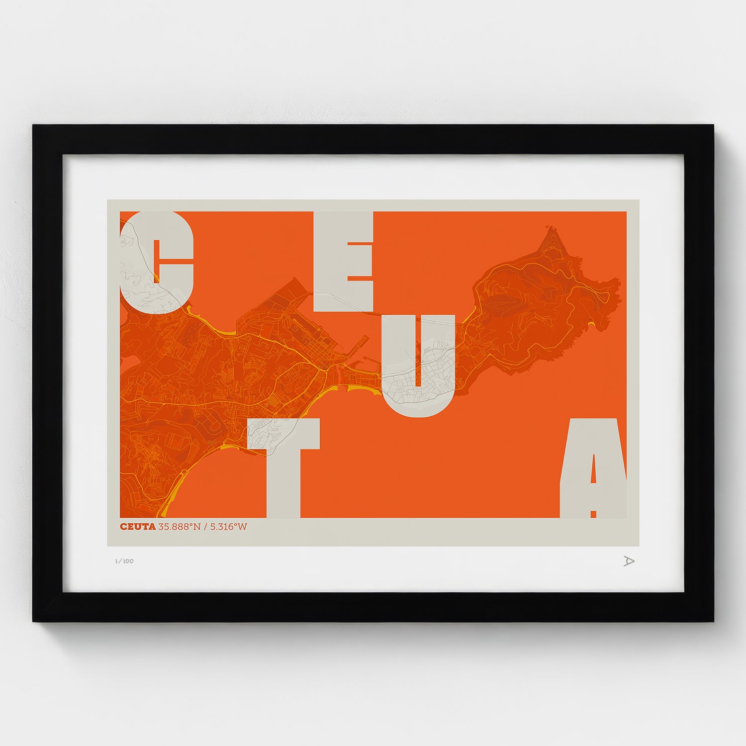 Lámina tipográfica de Ceuta – diseño Revoltosa, marco negro
