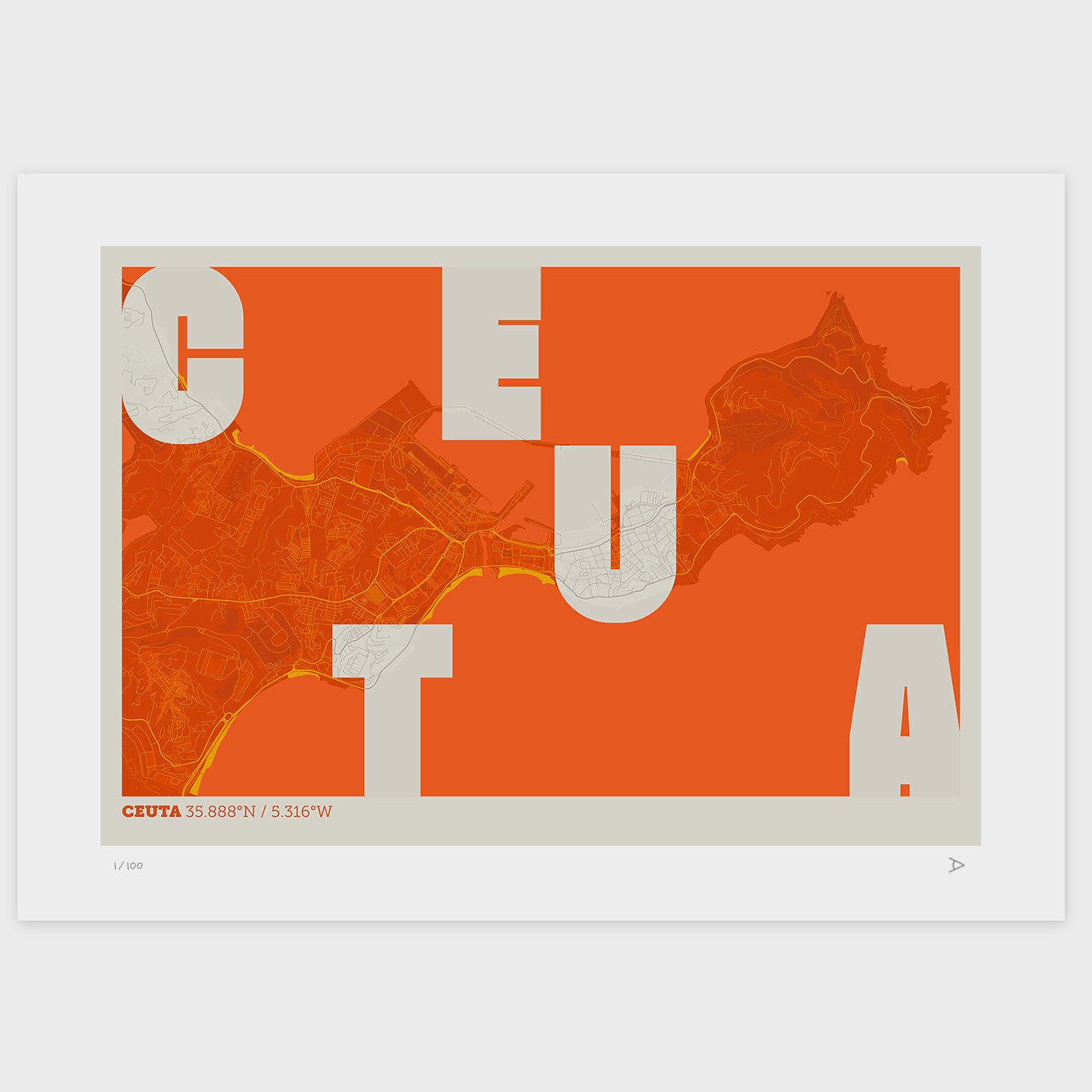 Lámina tipográfica de Ceuta – diseño Revoltosa, sin marco sobre papel