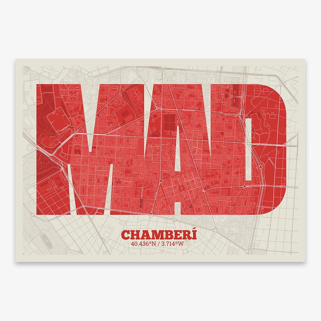 Decorative print of Madrid composed with letters in a heavy geometric font printed on red and an off-white background