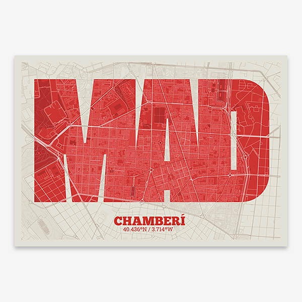 Decorative print of Madrid composed with letters in a heavy geometric font printed on red and an off-white background