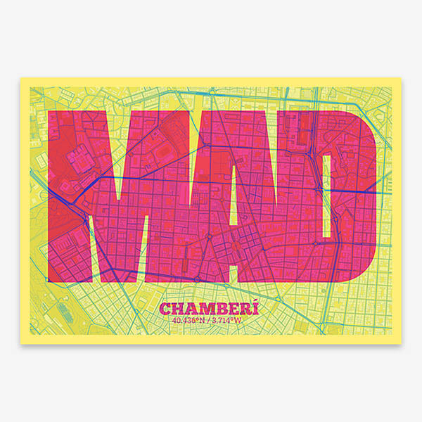 Decorative print of Madrid composed with letters in a heavy geometric font printed on yellow and fuchsia