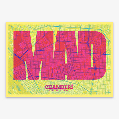 Decorative print of Madrid composed with letters in a heavy geometric font printed on yellow and fuchsia