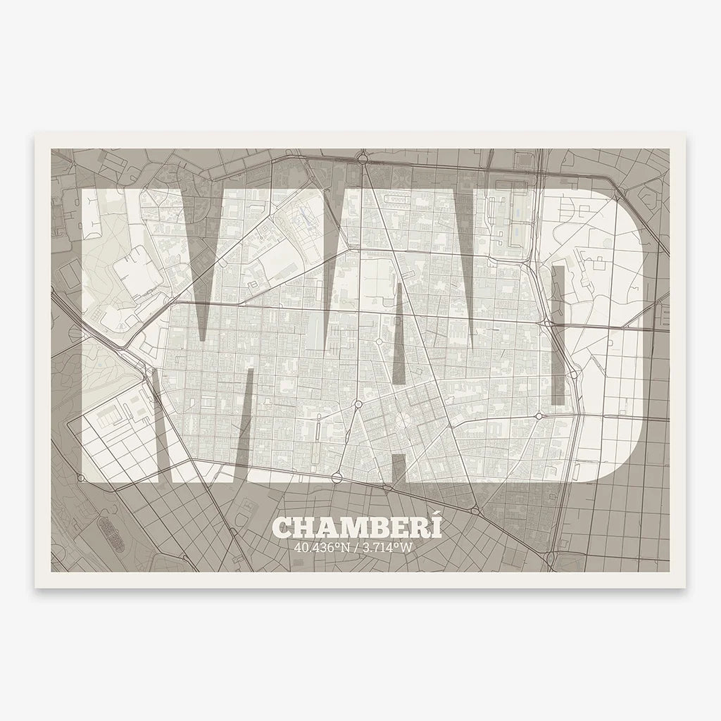 Decorative print of Madrid composed with letters in a heavy geometric font printed on light brown and an off-white background
