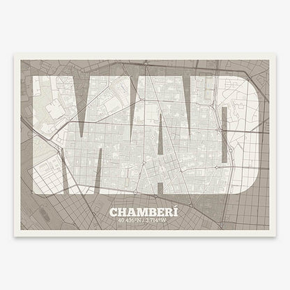 Decorative print of Madrid composed with letters in a heavy geometric font printed on light brown and an off-white background