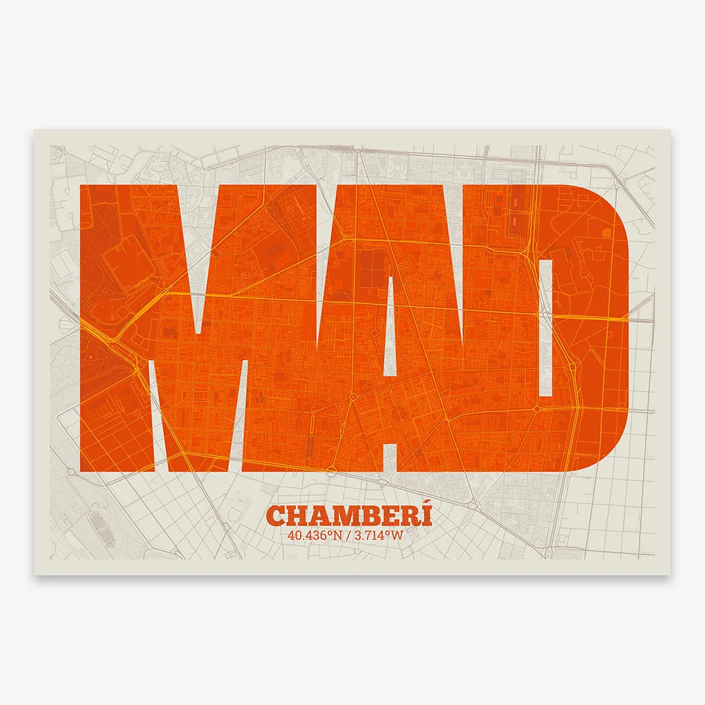 Decorative print of Madrid composed with letters in a heavy geometric font printed on orange and an off-white background