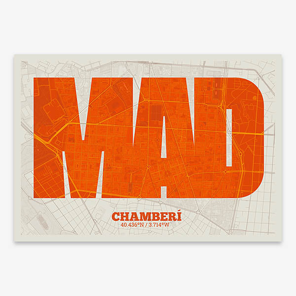 Decorative print of Madrid composed with letters in a heavy geometric font printed on orange and an off-white background