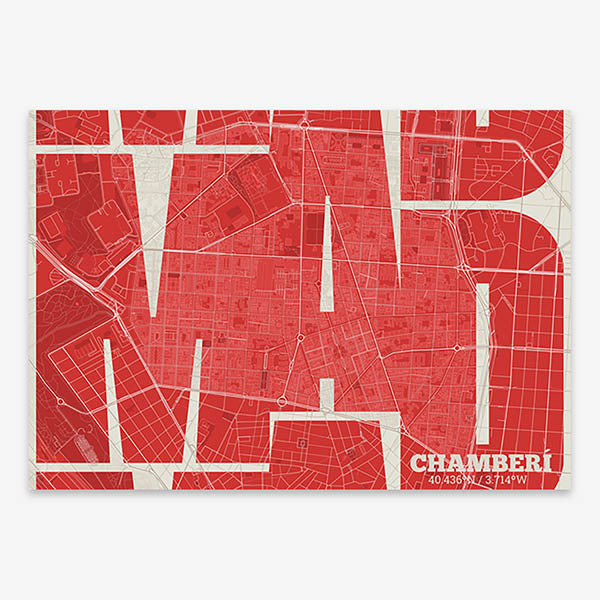 Poster of Madrid composed with letters from its abbreviation or its airport IATA code printed on red and an off-white background