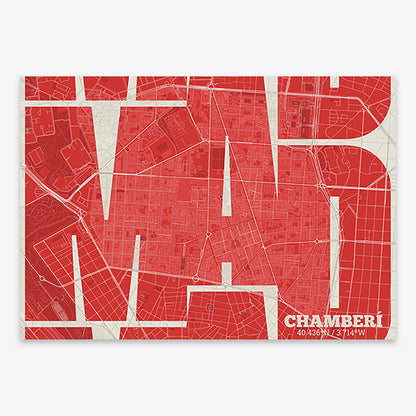 Poster of Madrid composed with letters from its abbreviation or its airport IATA code printed on red and an off-white background