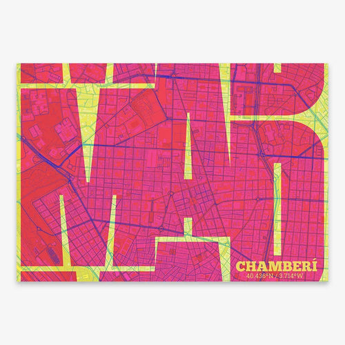Mapa de Chamberí, Madrid, en mi diseño la Inseparable, una visión artística con una tipografía expresiva que muestra la abreviatura del nombre sobre el mapa detallado diseñado en amarillo y fucsia
