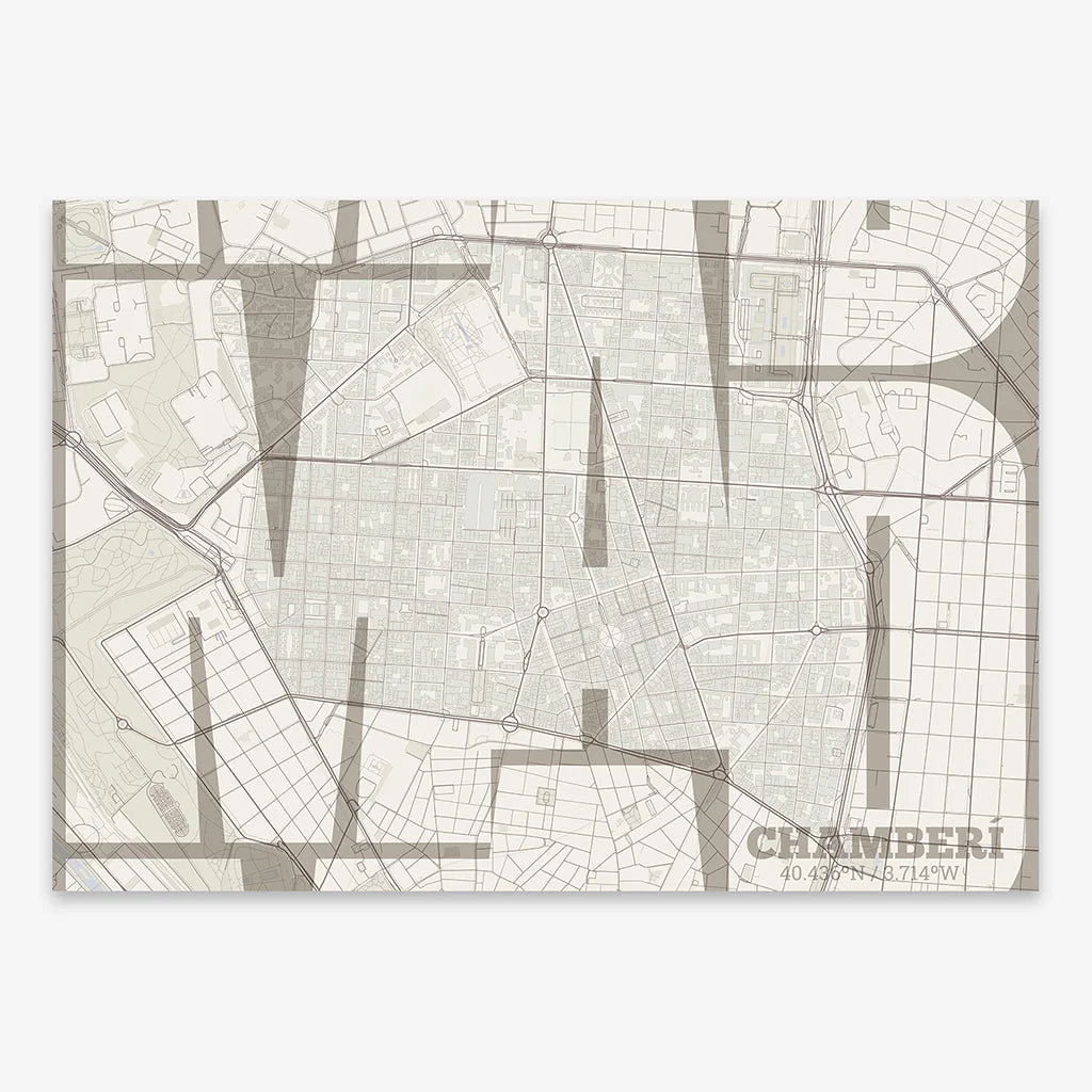 Poster of Madrid composed with letters from its abbreviation or its airport IATA code printed on light brown and an off-white background