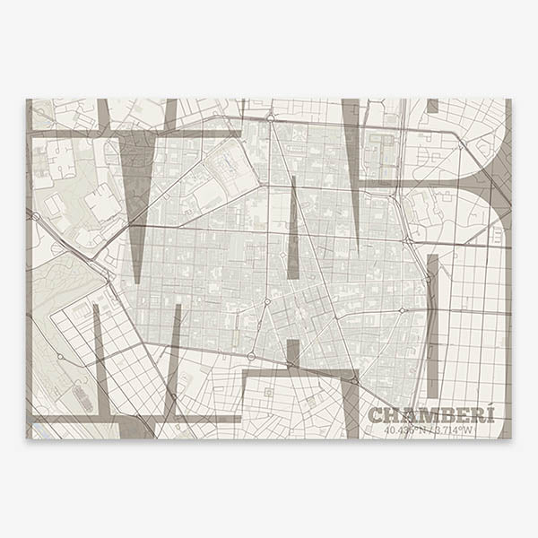 Poster of Madrid composed with letters from its abbreviation or its airport IATA code printed on light brown and an off-white background