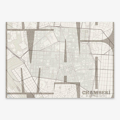 Poster of Madrid composed with letters from its abbreviation or its airport IATA code printed on light brown and an off-white background