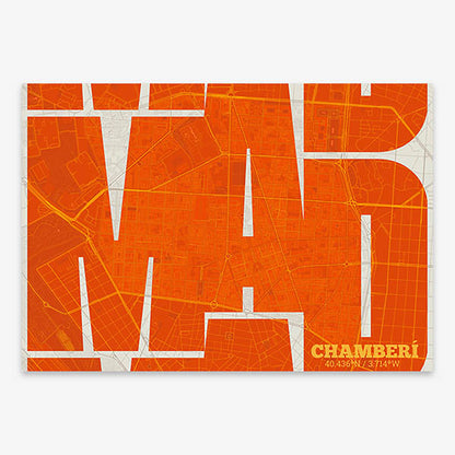 Poster of Madrid composed with letters from its abbreviation or its airport IATA code printed on orange and an off-white background