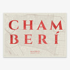 Decorative map of Madrid composed with letters in serif font printed on red and an off-white background