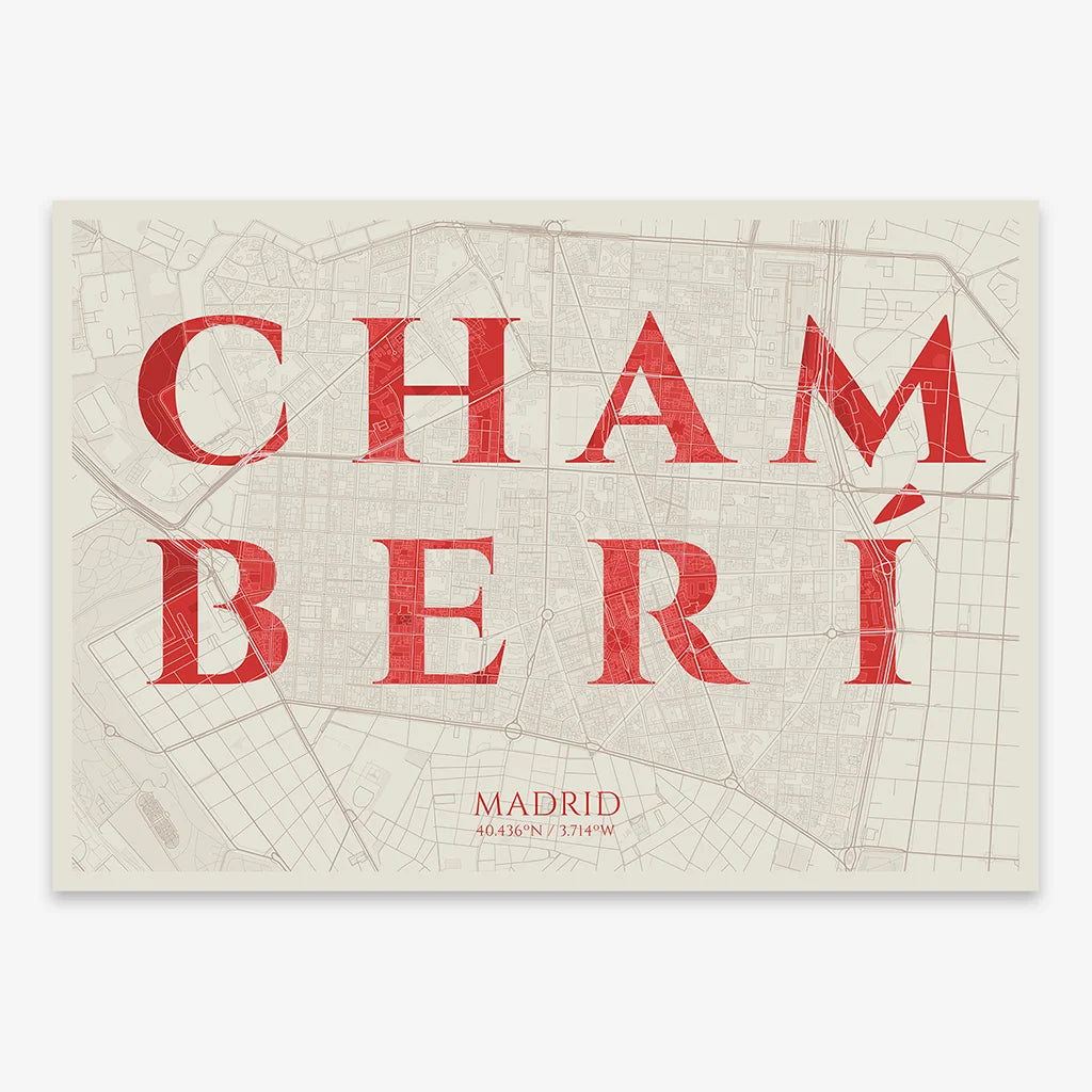 Decorative map of Madrid composed with letters in serif font printed on red and an off-white background
