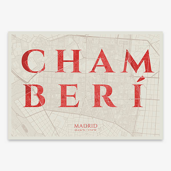 Decorative map of Madrid composed with letters in serif font printed on red and an off-white background