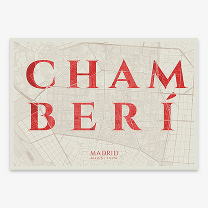 Decorative map of Madrid composed with letters in serif font printed on red and an off-white background