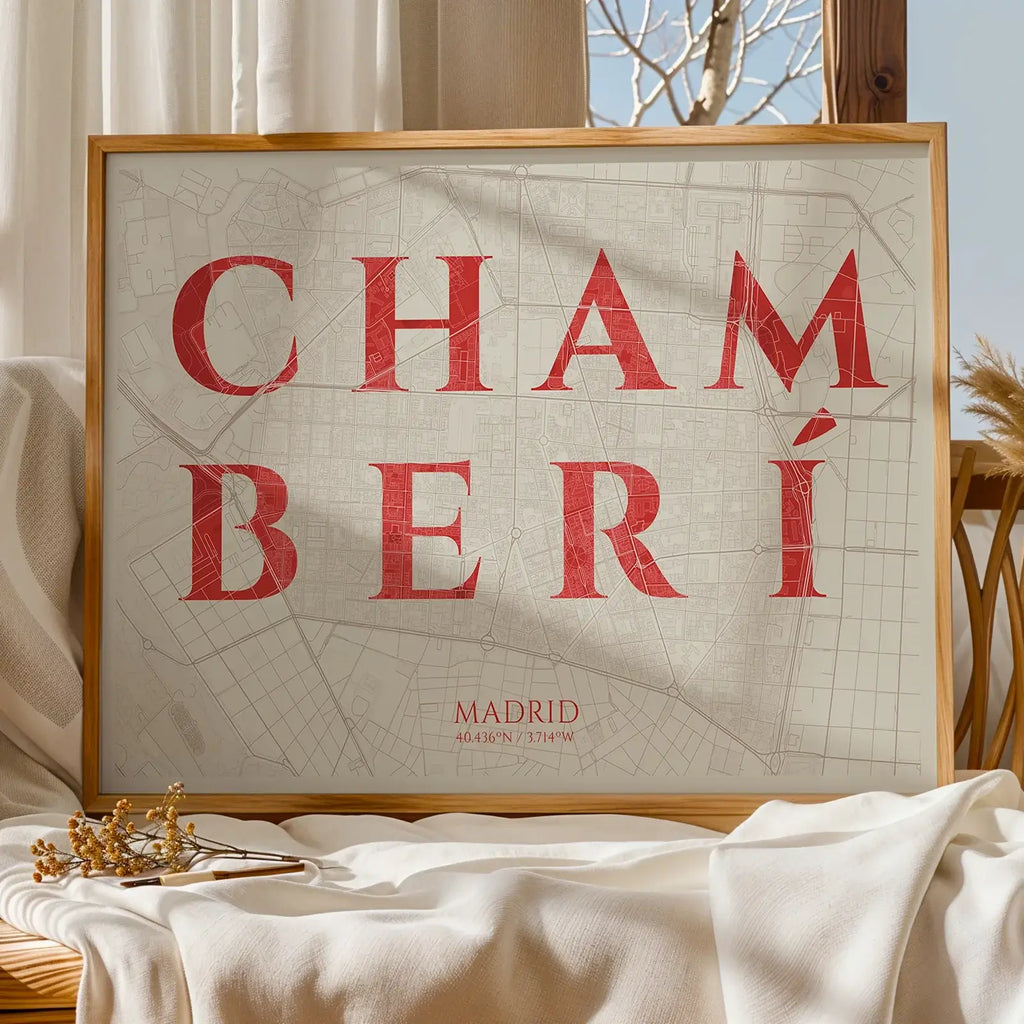 Modern interior design with a Chamberi in Classic design, inspired by chiseled typography with an elegant font that creates a beautiful visual contrast designed in red and an off-white background, displayed on a living room wall