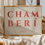 Modern interior design with a Chamberi in Classic design, inspired by chiseled typography with an elegant font that creates a beautiful visual contrast designed in red and an off-white background, displayed on a living room wall