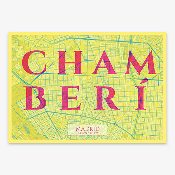 Decorative map of Madrid composed with letters in serif font printed on yellow and fuchsia