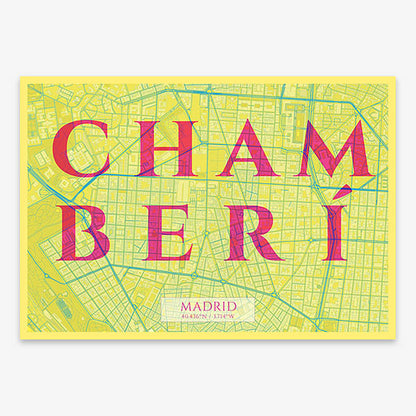Decorative map of Madrid composed with letters in serif font printed on yellow and fuchsia