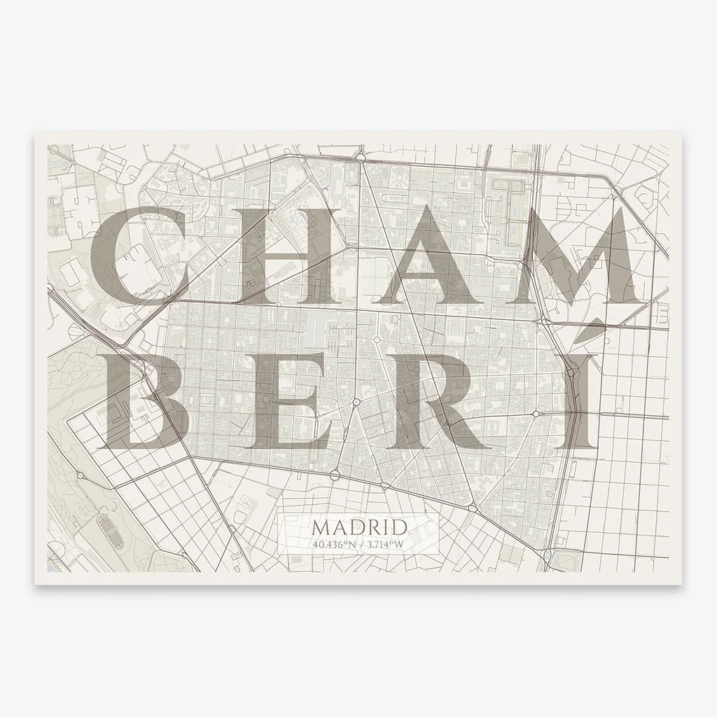 Decorative map of Madrid composed with letters in serif font printed on light brown and an off-white background