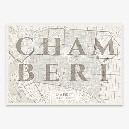 Decorative map of Madrid composed with letters in serif font printed on light brown and an off-white background