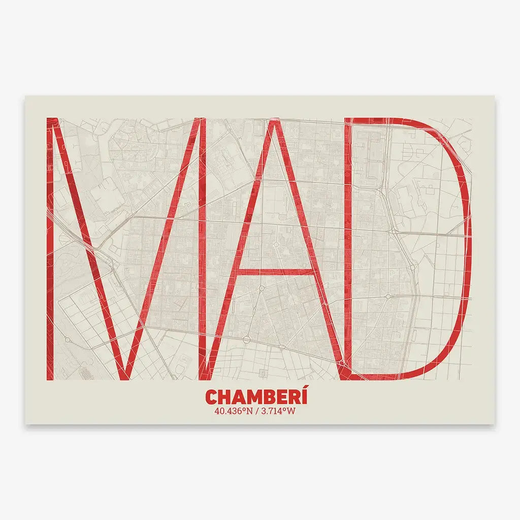 The map of Chamberi in Ultralight design, a minimalist aesthetic combining urban cartography with modern, extra-thin elegant lettering designed in red and an off-white background