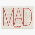 The map of Chamberi in Ultralight design, a minimalist aesthetic combining urban cartography with modern, extra-thin elegant lettering designed in red and an off-white background
