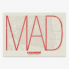 The map of Chamberi in Ultralight design, a minimalist aesthetic combining urban cartography with modern, extra-thin elegant lettering designed in red and an off-white background